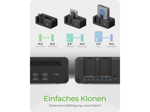 ICY BOX IB-2924MSCL-C31 - HDD / SSD-dokkestasjon - klonefunksjon - brønner: 3 - 2,5" / 3,5" delt, M.2 - M.2 NVMe Card / SATA 6Gb/s - USB 3.2 (Gen 2...