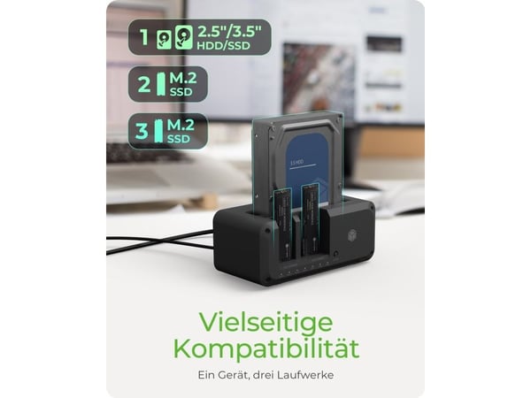 ICY BOX IB-2924MSCL-C31 - HDD / SSD-dokkestasjon - klonefunksjon - brønner: 3 - 2,5" / 3,5" delt, M.2 - M.2 NVMe Card / SATA 6Gb/s - USB 3.2 (Gen 2...