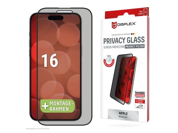 Displex 02016, Apple, iPhone 16, Tørr påføring, Skittbestandig, Slagbestandig, Ripebestandig, Svart, Gjennomsiktig, 1 stykker