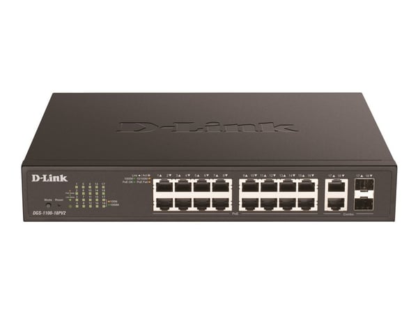 D-Link DGS 1100-18PV2 - Switch - smart - 16 x 10/100/1000 (PoE+) + 2 x kombo-Gigabit SFP - rackmonterbar - PoE+ (130 W)