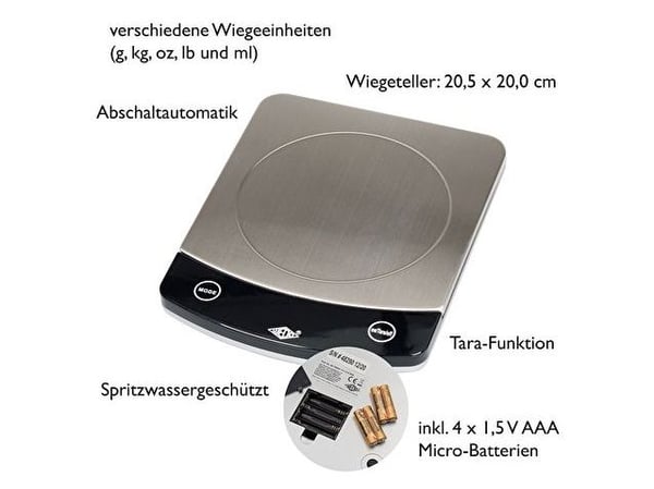 Wedo 48 110054, Elektronisk kjøkkenvekt, 10 kg, 1 g, Sort, Rustfritt stål, Rustfritt stål, Rektangel