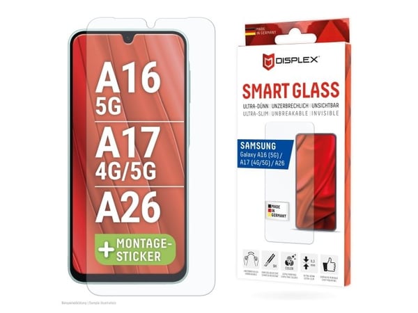 Displex 02072, Samsung, Galaxy A26/A16 (5G)/A17 (4G/5G), Torr applicering, Break resistant, Smutsavvisande, Reptålig, Transparent, 1 styck