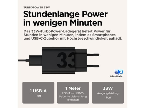 Motorola Turbopower - Strømadapter - 33 watt - 3 A - Fast Charge (USB) - på kabel: USB-A - matt svart - Europa