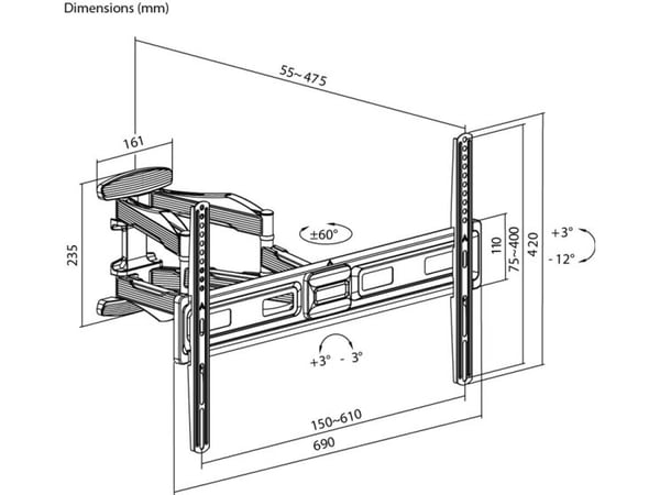 Goobay 71199, 200 x 200 mm, 600 x 400 mm, -12 - 3°, -60 - 60°, Stål, Svart