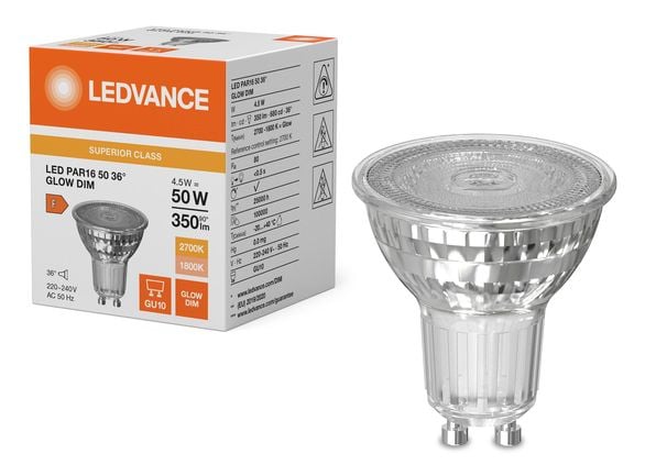 LEDVANCE SUPERIOR GlowDim - LED-pære for søkelys - form: PAR16 - GU10 - 4.5 W (ekvivalent 50 W) - klasse F - varm hvitfarge / ekstravarmt hvitt lys...