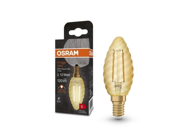 OSRAM Vintage 1906 Classic BW - LED-filamentlyspære - E14 - 1.5 W (ekvivalent 12 W) - klasse G - behagelig varmt lys - 2400 K - lys gullfarge