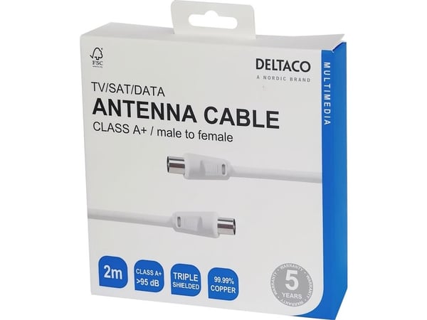 Deltaco Antennikaapeli, IEC 169-2 uros - naaras, luokka A+, radio/TV/SAT/DATA, 2 m, valkoinen, 2 m, IEC, IEC, Valkoinen