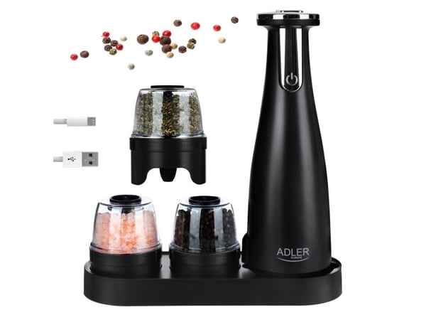 Adler | Elektrisk salt- og pepperkvern | AD 4449b | Kvern | 7 W| Karosserimateriale ABS-plast | Litium | Kverner med keramiske kverner; Lade lys; A...