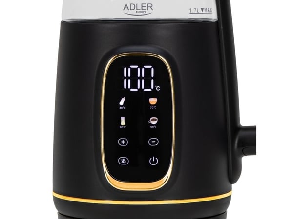 Adler D 1305 BG, 1,7 l, 2200 W, Svart, Gjennomsiktig, Gull, Glass, Plast, Justerbar termostat, Vannivåindikator