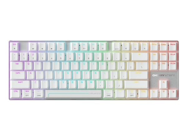 CHERRY MX 8.2 Pro TMR Wireless, Kabel & Trådlös, USB + RF Wireless + Bluetooth, Magnetic-mechanical key switch, QWERTY, RGB LED, Silver, Vit