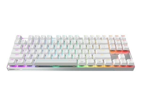 CHERRY MX 8.2 Pro TMR Wireless, Ledning & Trådløs, USB + RF Wireless + Bluetooth, Magnetic-mechanical key switch, QWERTY, RGB LED, Sølv, Hvit