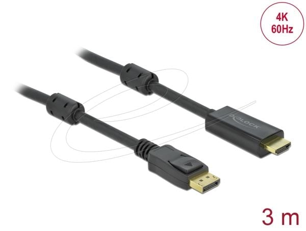 Delock - Adapterkabel - DisplayPort hann låsing til HDMI hann - 3 m - trippel beskyttelse - svart - 4K-støtte, aktiv