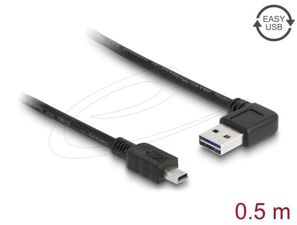 Delock Easy - USB-kabel - USB (hann) venstre/høyre-vinklet, reversibel til mini-USB type B (hann) - USB 2.0 - 50 cm - svart
