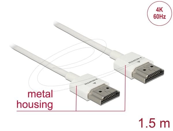 Delock High Speed HDMI with Ethernet - HDMI-kabel med Ethernet - HDMI hann til HDMI hann - 1.5 m - trippel beskyttelse - hvit - 4K-støtte