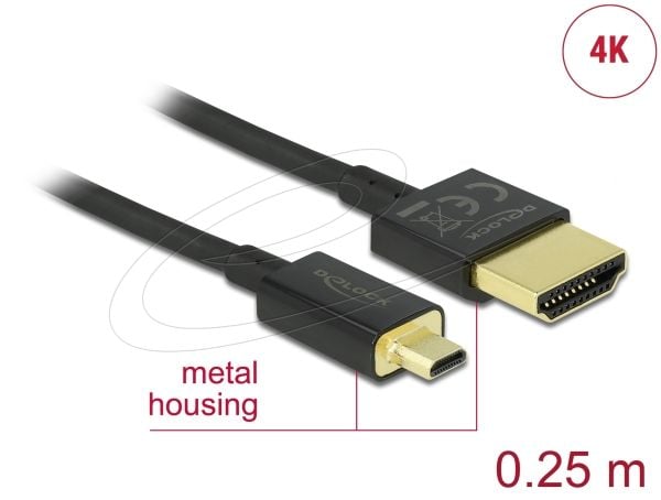 DeLOCK Slim høy kvalitet - HDMI med Ethernet-kabel - micro HDMI (M) til HDMI (M) - 25 cm - trippel skjermet tvunnet par-kabel - svart - 4K-støtte (...