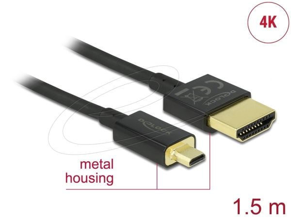 DeLock Slim Premium - Video/lyd/nettverkskabel - HDMI - 36 AWG - HDMI, 19-pinners (M) - til - 19-pinners Micro-HDMI (M) - 1,5 m - Trippel isolasjon...