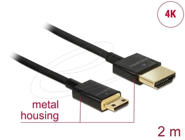 Delock Slim Premium - HDMI-kabel med Ethernet - 19 pin mini HDMI Type C hann til HDMI hann - 2 m - trippel beskyttelse - svart