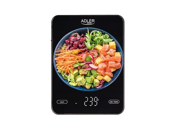 Adler AD 3177B, Elektronisk kjøkkenvekt, 10 kg, 1 g, Svart, Glass, Benkeplate