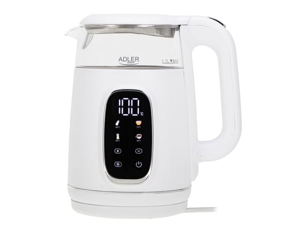 Adler AD 1305WS, 1,7 L, 2200 W, Läpinäkyvä, Valkoinen, Hopea, Lasi, Muovi, Säädettävä termostaatti, Veden tason ilmaisin