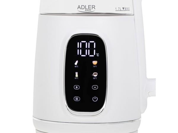 Adler AD 1305WS, 1,7 l, 2200 W, Gjennomsiktig, Hvit, Sølv, Glass, Plast, Justerbar termostat, Vannivåindikator