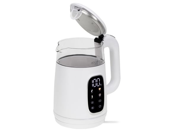 Adler AD 1305WS, 1,7 l, 2200 W, Gjennomsiktig, Hvit, Sølv, Glass, Plast, Justerbar termostat, Vannivåindikator