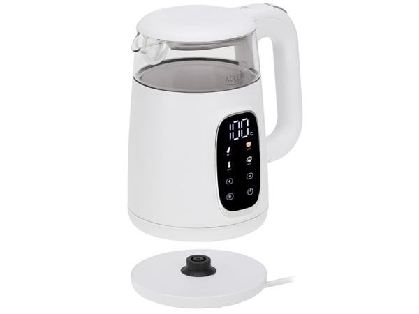 Adler AD 1305WS, 1,7 l, 2200 W, Gjennomsiktig, Hvit, Sølv, Glass, Plast, Justerbar termostat, Vannivåindikator