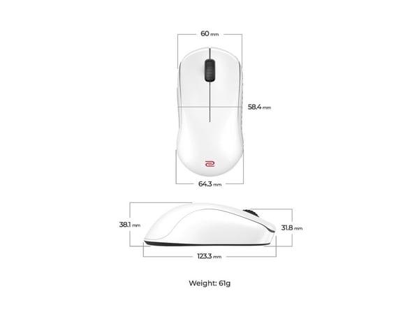 BenQ ZOWIE U2-DW - Glossy Edition - mus - 4K, for esports, M - høyre- og venstrehåndet - 7 knapper - trådløs - 2.4 GHz - hvit