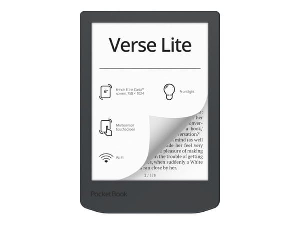 PocketBook Verse Lite, 15,2 cm (6"), E Ink Carta, 758 x 1024 piksler, ACSM, AZW, AZW3, CBR, CBZ, CHM, DOC, DOCX, DjVu, EPUB, FB2, FB2.ZIP, HTM, HTM...