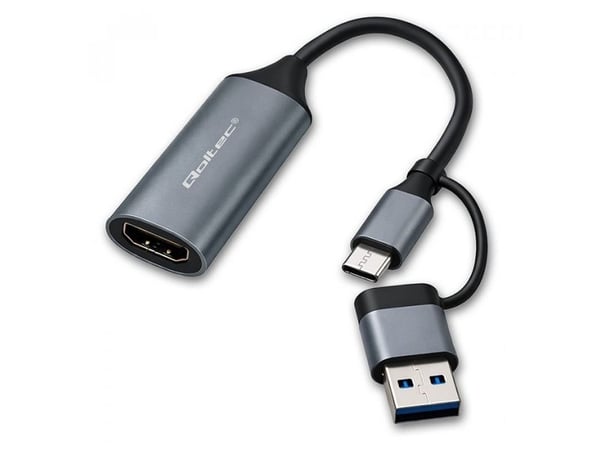 Qoltec Videoopptakskort | USB-C USB-A | HDMI-adapter | 4K 30Hz | Aluminium