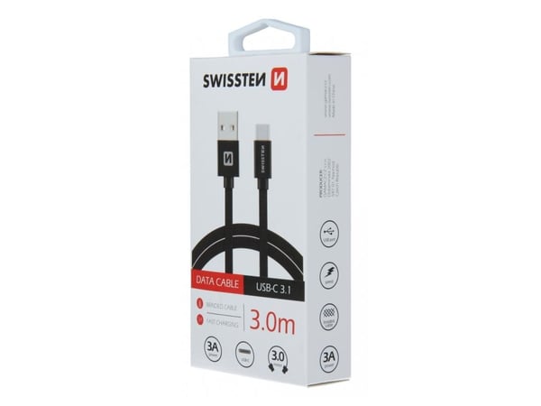 Swissten tekstil USB - USB-C 3,0m svart
