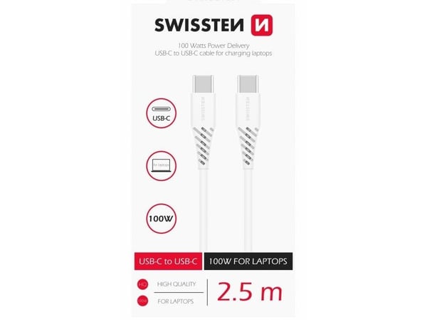 Swissten 71506530, 2,5 m, USB C, USB C, Valkoinen