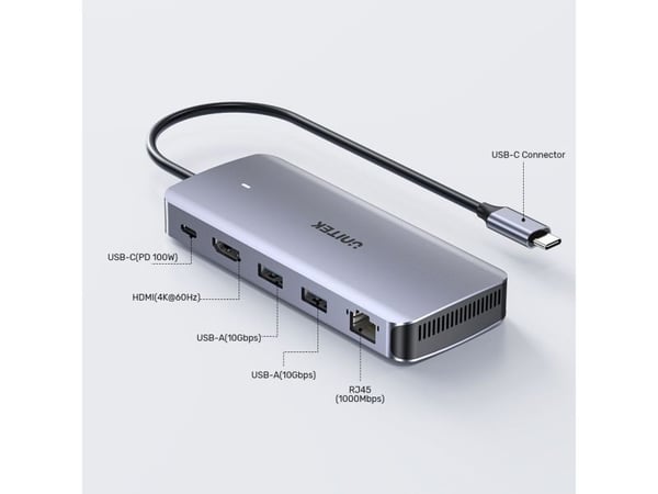 UNITEK D1120A01, Koblet med ledninger (ikke trådløs), USB 3.2 Gen 2 (3.1 Gen 2) Type-C, 100 W, 1000 Mbit/s, Grå, Space Grey