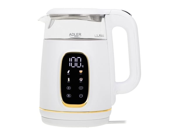 Adler AD 1305WG, 1,7 l, 2200 W, Gjennomsiktig, Gull, Hvit, Glass, Plast, Justerbar termostat, Vannivåindikator