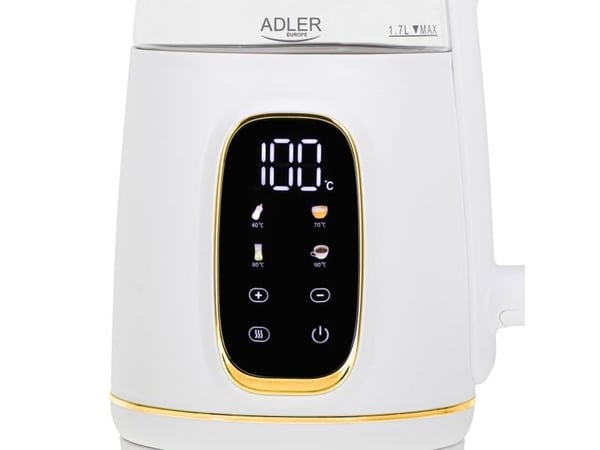 Adler AD 1305WG, 1,7 l, 2200 W, Gjennomsiktig, Gull, Hvit, Glass, Plast, Justerbar termostat, Vannivåindikator