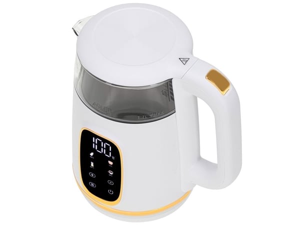 Adler AD 1305WG, 1,7 l, 2200 W, Gjennomsiktig, Gull, Hvit, Glass, Plast, Justerbar termostat, Vannivåindikator