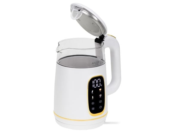 Adler AD 1305WG, 1,7 l, 2200 W, Gjennomsiktig, Gull, Hvit, Glass, Plast, Justerbar termostat, Vannivåindikator