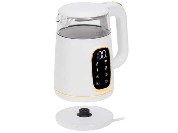 Adler AD 1305WG, 1,7 l, 2200 W, Gjennomsiktig, Gull, Hvit, Glass, Plast, Justerbar termostat, Vannivåindikator