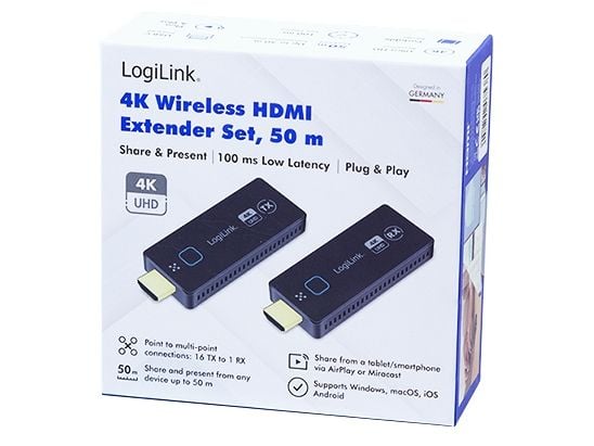 LogiLink HDW0111, 3840 x 2160 piksler, AV-sender og -mottaker, 50 m, Ledning & Trådløs, Sort, HDCP