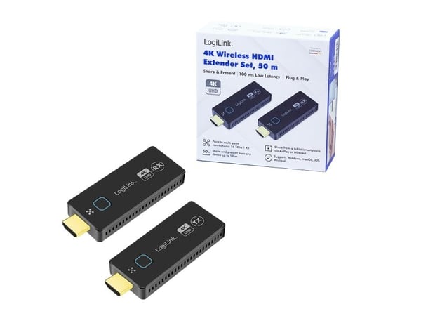 LogiLink HDW0111, 3840 x 2160 piksler, AV-sender og -mottaker, 50 m, Ledning & Trådløs, Sort, HDCP