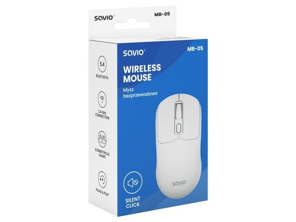 Savio MB-05, Ambidekstriøs, Bluetooth, 1600 DPI, Hvit