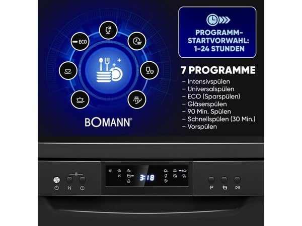 Bomann GSP 7419, Frittstående, Full størrelse (60 cm), Svart, Knapper, Berøringskontroll, LED, Kaldt