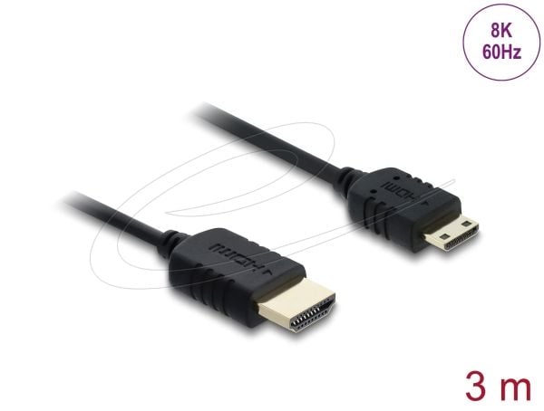 Delock - High Speed - HDMI-kabel - HDMI hann til 19-stifts Mini-HDMI hann - 3 m - tredobbeltskjermet koaksial - svart - 8 K 60 Hz (7680 x 4320) stø...