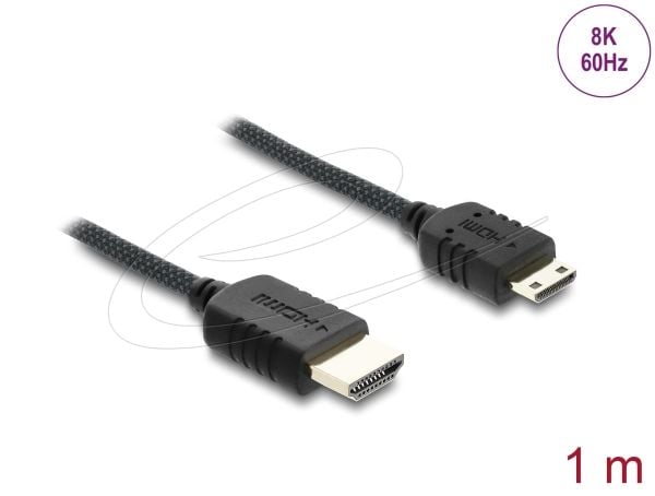 Delock - High Speed - HDMI-kabel - HDMI hann til 19-stifts Mini-HDMI hann - 1 m - tredobbeltskjermet koaksial - svart - 8 K 60 Hz (7680 x 4320) stø...