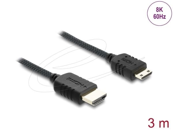 Delock - Ultra High Speed - HDMI-kabel - HDMI hann til 19 pin mini HDMI Type C hann - 3 m - tredobbeltskjermet koaksial - svart - 8 K 60 Hz (7680 x...