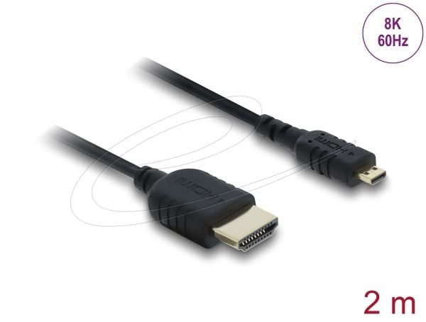 Delock - High Speed - HDMI-kabel - HDMI hann til 19 pin micro HDMI Type D hann - 2 m - tredobbeltskjermet koaksial - svart - 8 K 60 Hz (7680 x 4320...