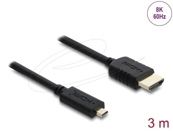 Delock - High Speed - HDMI-kabel - HDMI hann til 19 pin micro HDMI Type D hann - 3 m - tredobbeltskjermet koaksial - svart - 8 K 60 Hz (7680 x 4320...
