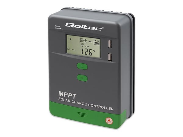 Qoltec - Solar charge controller - MPPT, 30A, 12/24V, LCD, APP, GEL, LiFePO4 - trådløs, kablet - Bluetooth - USB - grå, grønn