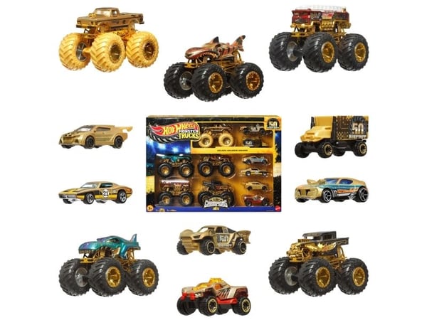 Hot Wheels Monster Trucks Trophy Champions Collection, 5 leketrucker og 6 metallstøpte lekebiler i målestokk 1 : 64, Kjøretøysett, 3 år, Plast, Met...