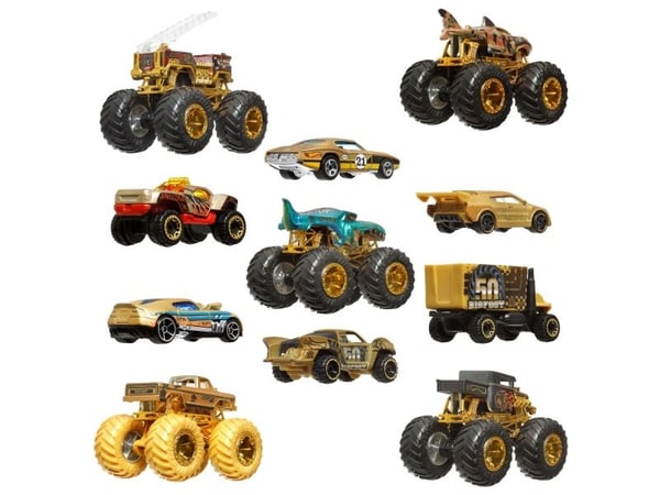 Hot Wheels Monster Trucks Trophy Champions Collection, 5 leketrucker og 6 metallstøpte lekebiler i målestokk 1 : 64, Kjøretøysett, 3 år, Plast, Met...