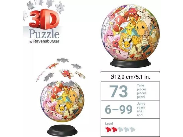 Ravensburger 3D Puzzle Ball: Pokémon - Kanto Region, 73 stykker, Tegneserier, 6 år